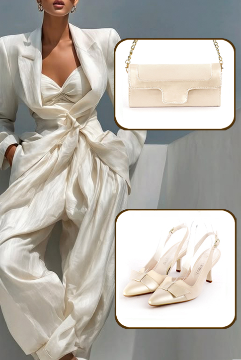 Women's gold and egg shell beige elegant slingback heels, with a bow on the front. Tapered toe. High spool heels - Worn view